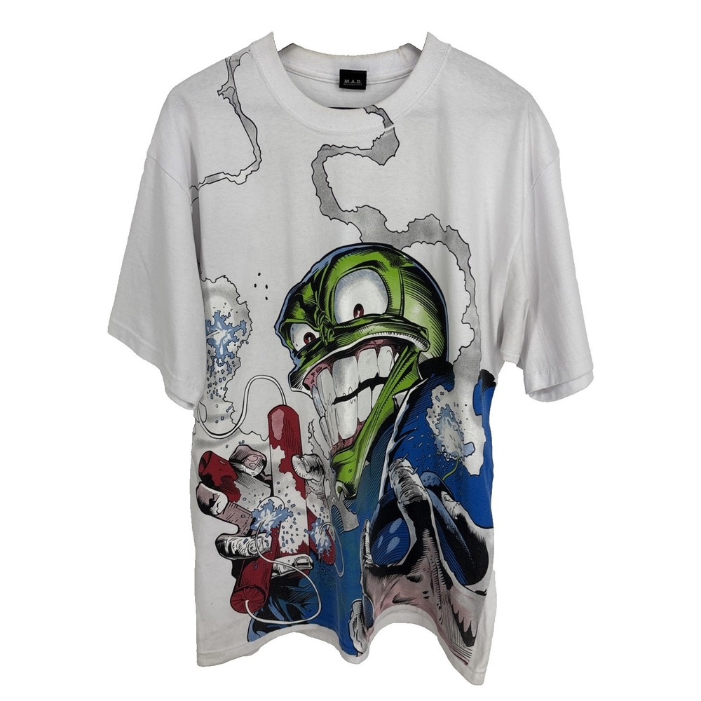 The Mask Shirt Mask And Disguise MAD Sz XL White Vintage Graphic AOP NEVER WASHE